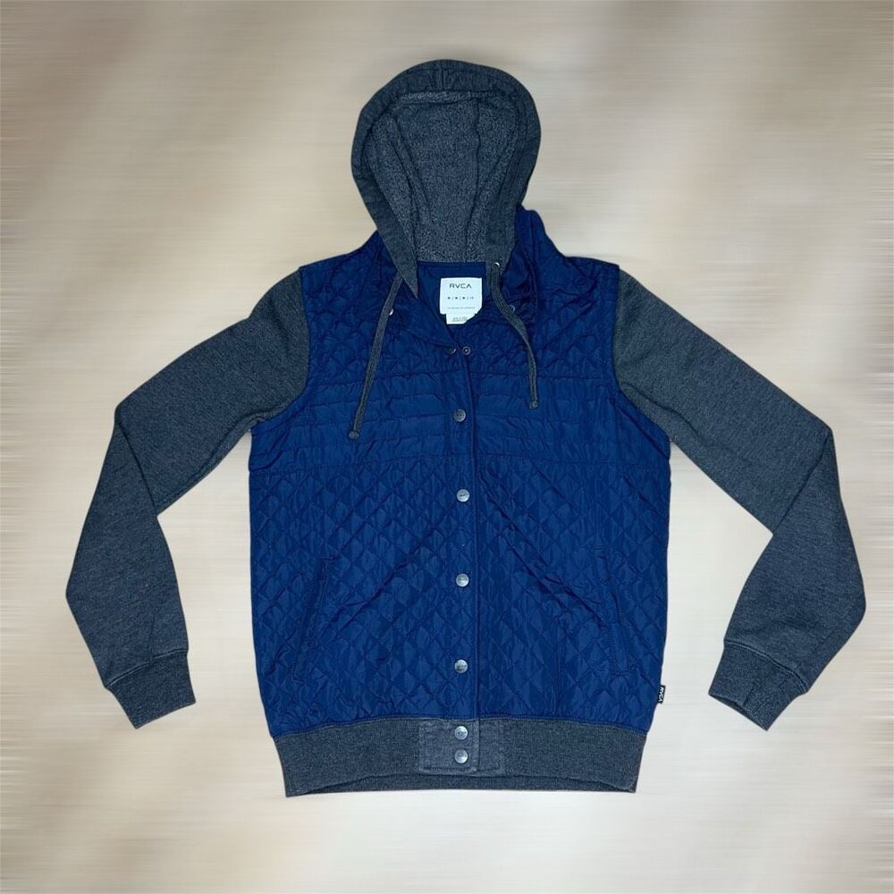 RVCA, Quilted ColorBlock Snap-up Hooded Jacket Navy Blue & Gray, Women’s Medium